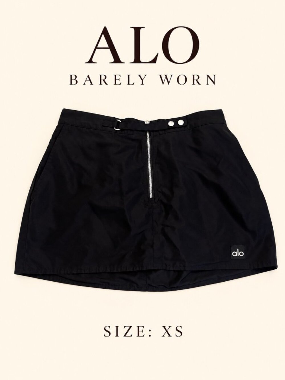 Alo Yoga Black Mini Skirt XS Zip Front D-Ring Waist Detail